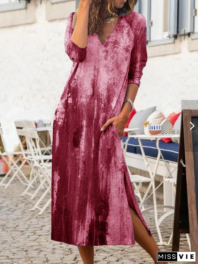 Tie-Dye Print V-Neck Slit Casual Dress