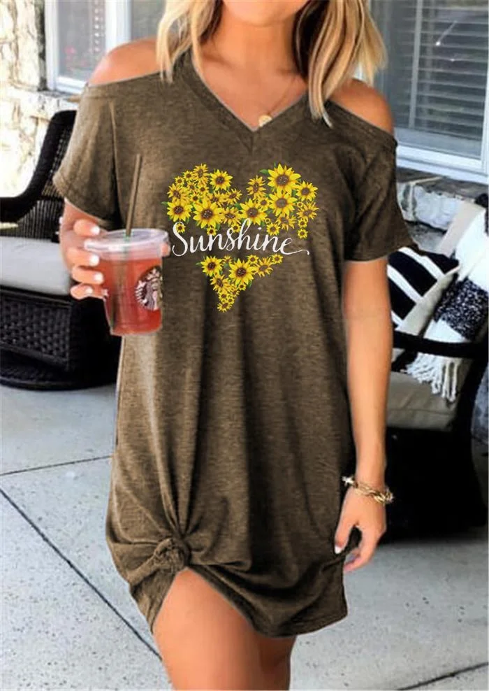 Sunshine Sunflower Off-the-shoulder Short Sleeve Dress