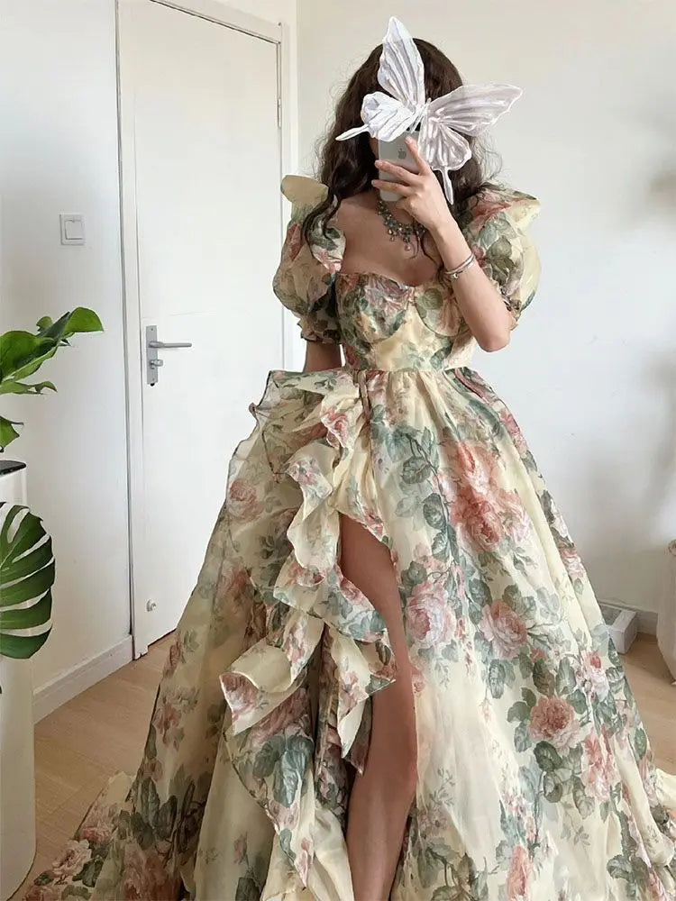 Llyge Floral Print Evening Party Dress Women 2024 Puff Sleeve Elegant Princess Long Dres Ladies France Vintage Open Fork Dress Summer llyge