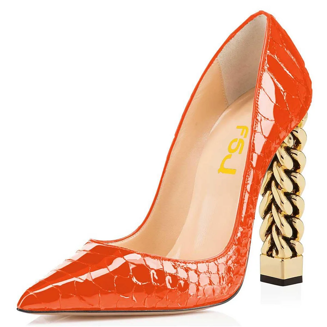 Full Orange Block Heel Pumps Pointed Toe Crocodile Decorative Heels Nicepairs