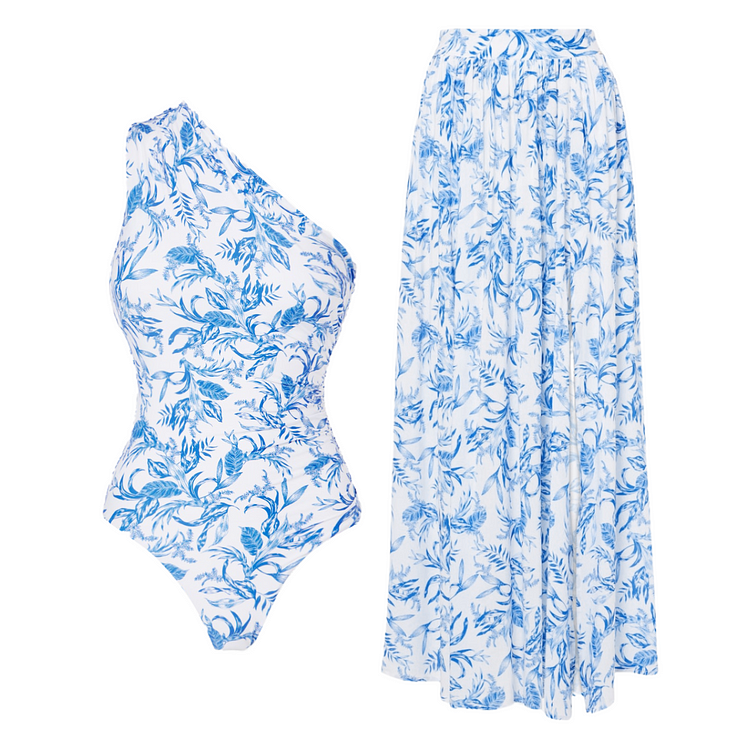 Oblique Shoulder Printed One Piece Swimsuit and Skirt(Shipped on Feb 8th)