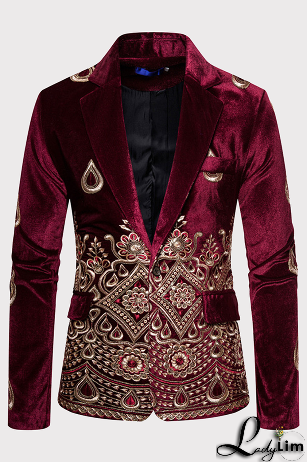 Burgundy Fashion Embroidery Split Joint Buttons Turn-back Collar Outerwear