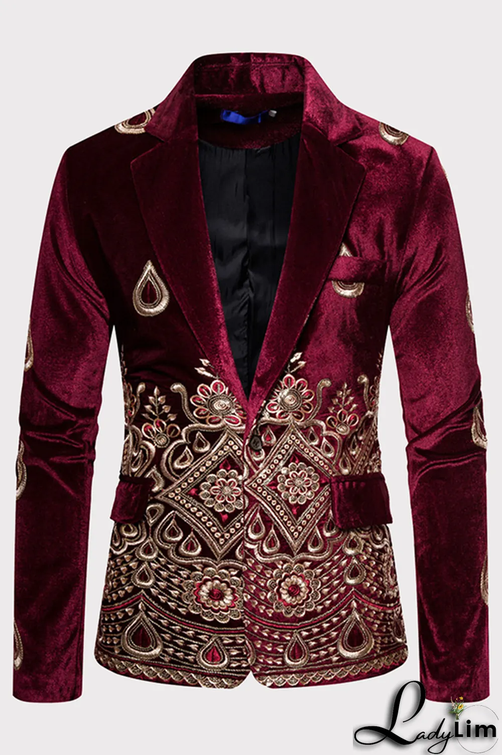 Burgundy Fashion Embroidery Split Joint Buttons Turn-back Collar Outerwear