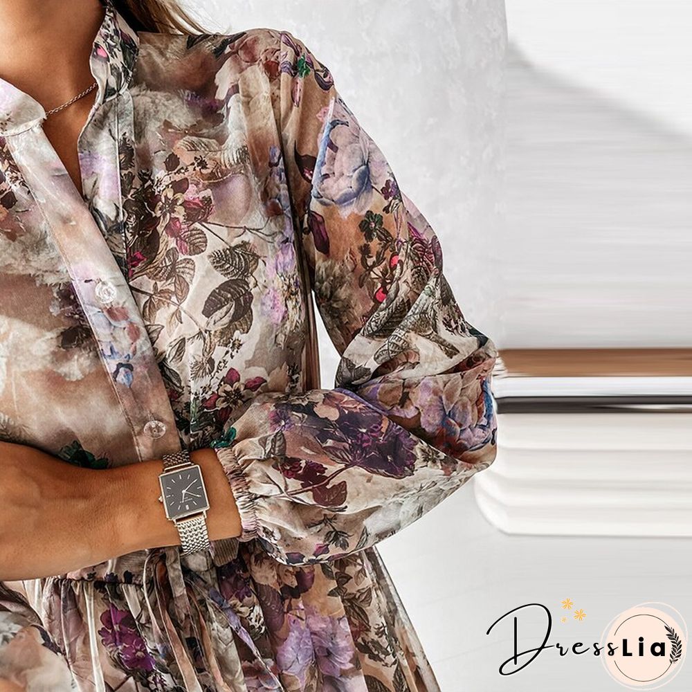 Women Casual Print Long Sleeve Dress Autumn Fashion Irregular Slim Dress Office Lady Elegant Button Ruffle Elastic Waist Dresses