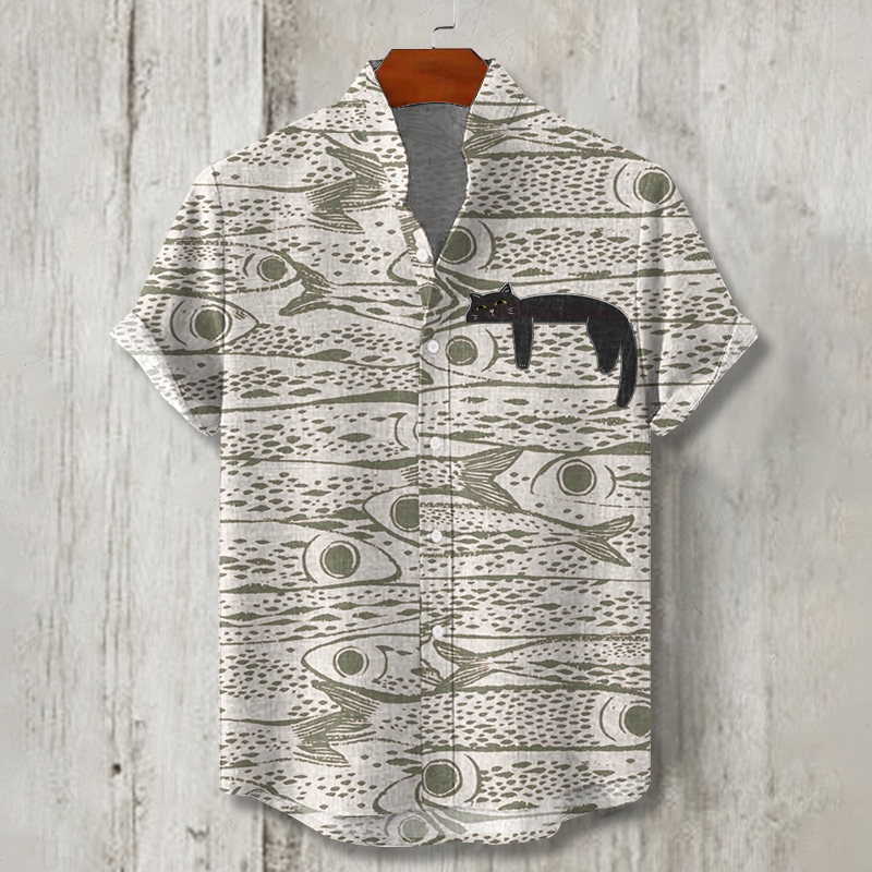 Men's Schools Of Fish With Lazy Black Cat Japanese Art Print Button Casaul Shirt  artssus
