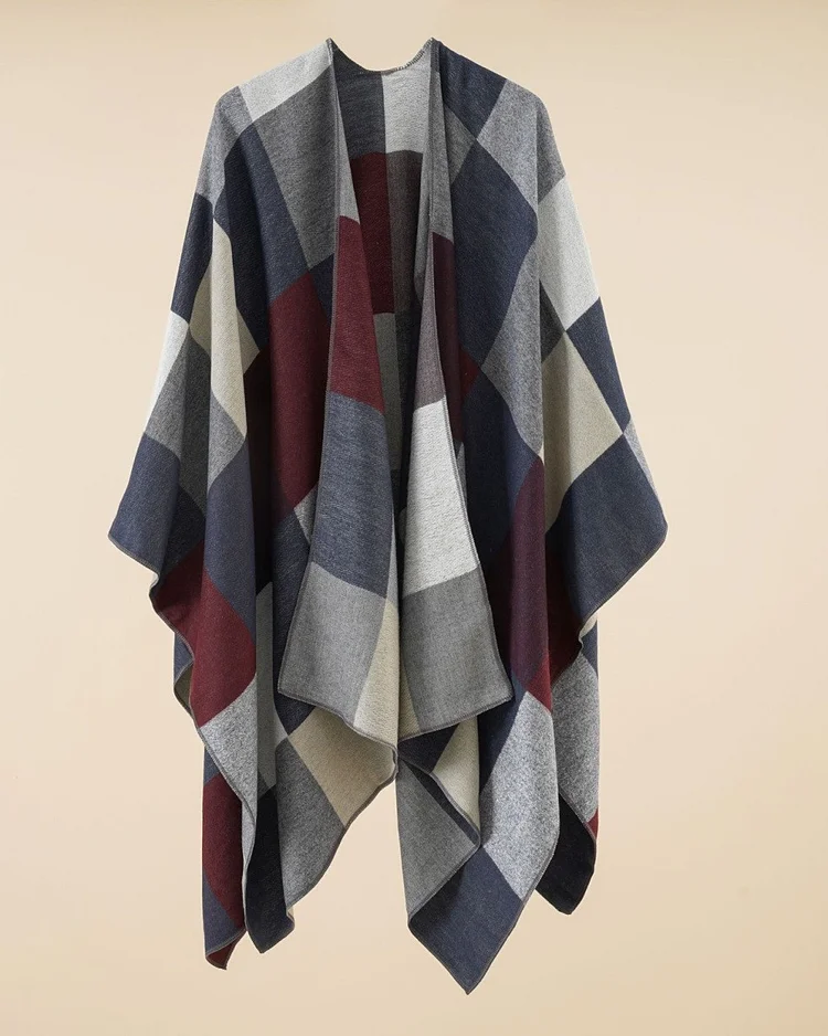 Women's Dark Grey Plaid Casual Cape Shawl
