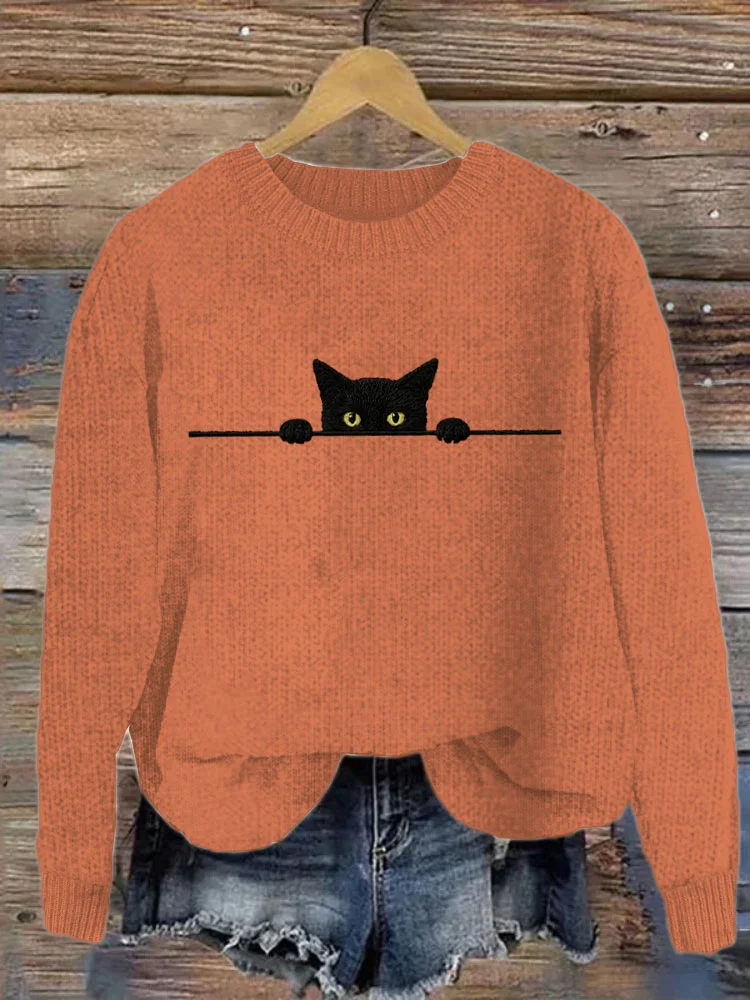 Women's Casual Funny Black Cat Print Sweater
