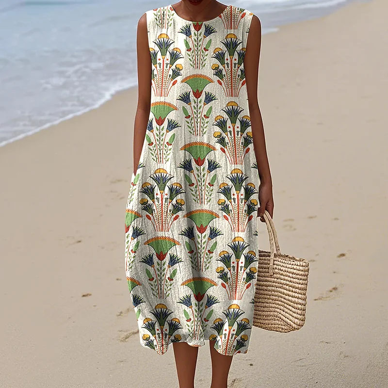 Womens Egyptian Lotus Art Vintage Linen Dress