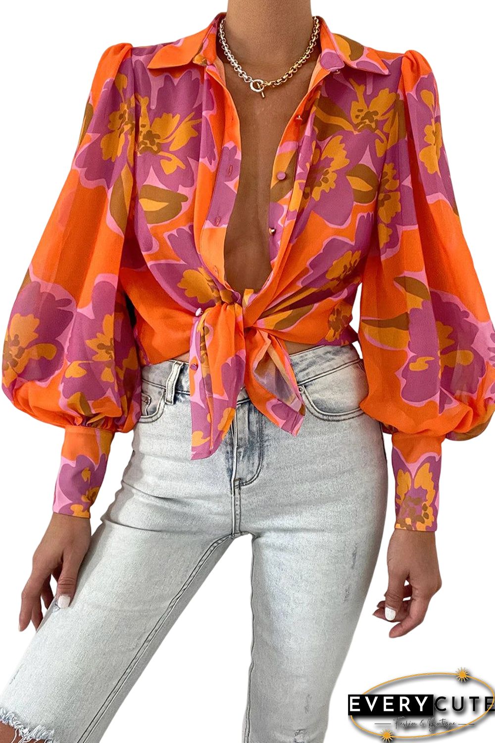 Orange Floral Print Lantern Sleeve Shirt