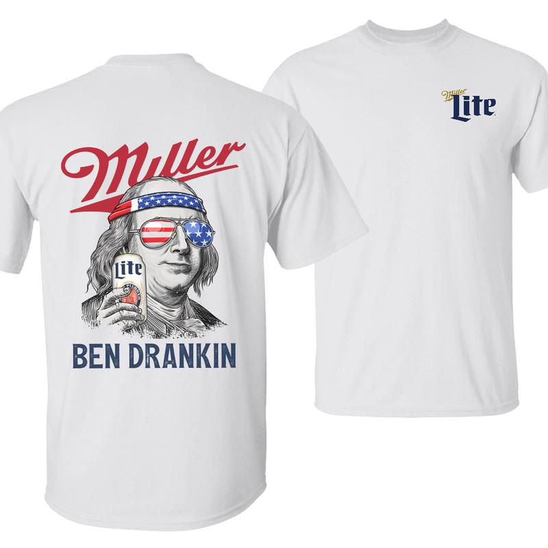 Loveyoufancy Miller Lite "Ben Drankin" T-Shirt – Funny Patriotic Beer Tee, Independence Day Drinking Shirt