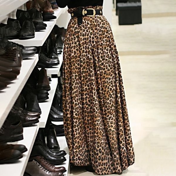 Women Leopard Printed Maxi Skirt Saias Elastic High Waist Casual Loose Pleated Long Skirt - Shop Trendy Women's Clothing | LoverChic