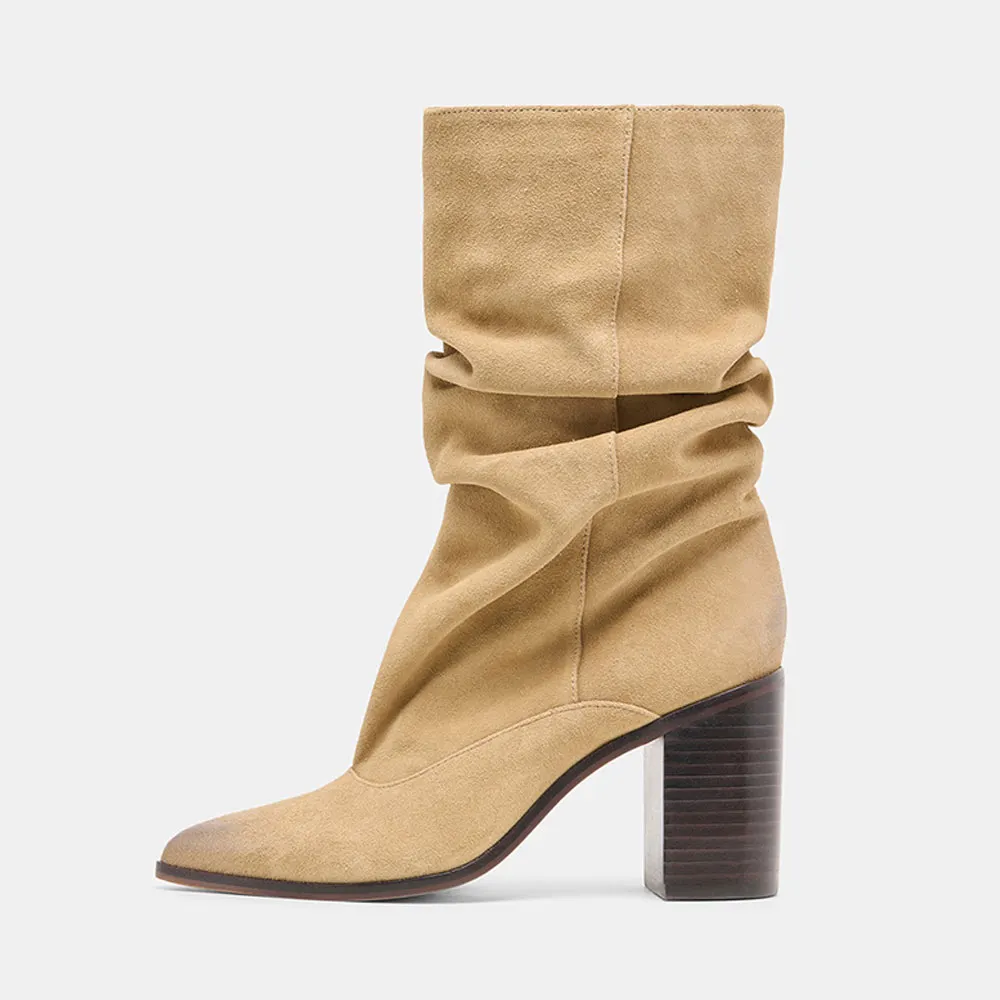 Dark Beige Pointed Toe Slouchy Mid Calf Boots for Women