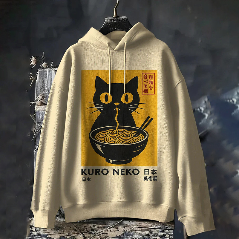 Men's Black Cat Eating Ramen Japanese Art Print Hooded Sweatshirt  artssus