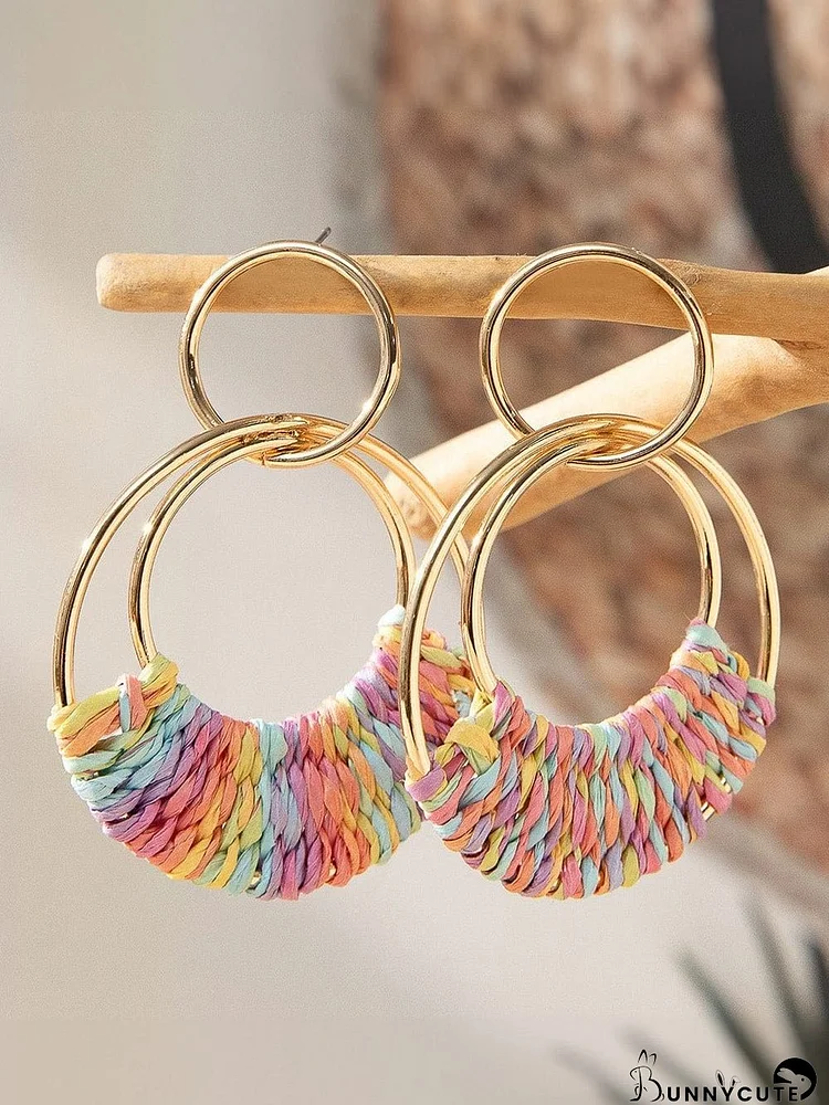 Pink Bohemian Raffia Round Earrings with Delicate Woven Design