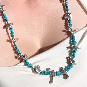 Pornhint Vintage Turquoise and Silver Fetish Necklace, Long Natural Turquoise Nugget Necklace, December Birthstone, Gifts For Her