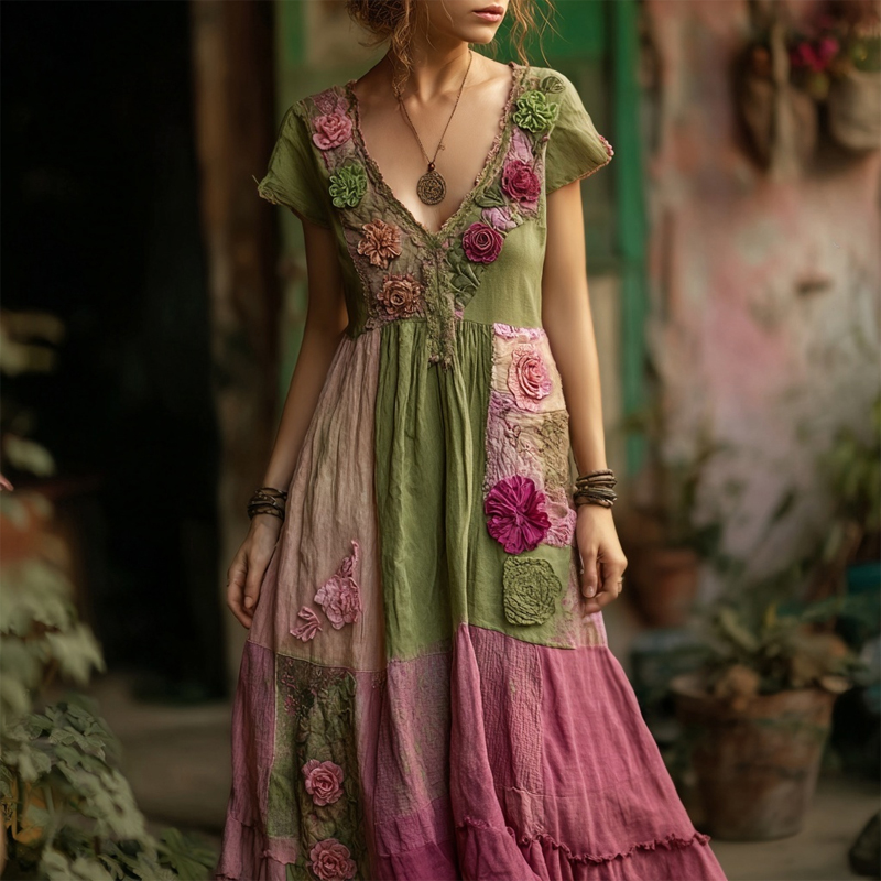 Comstylish Vintage Boho Roses Embroidered Patchwork Linen Maxi Dress