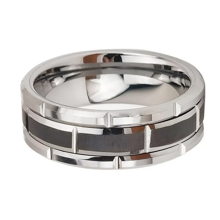 8MM Sliver Tungsten Irregular Groove Simple Black Bands For Mens