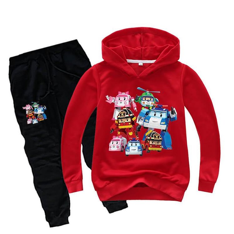 Mayoulove Robocar Poli Print Girls Boys Cotton Hoodie And Sweatpants Tracksuit-Mayoulove