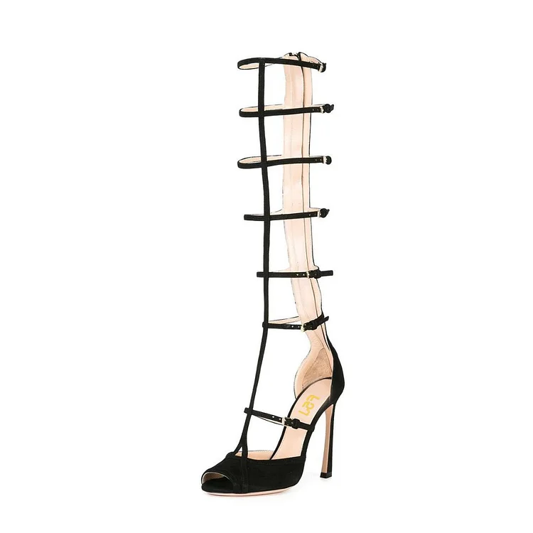 Women's Black Gladiator Heels Knee-high Stiletto Heels Strappy sandals |FSJ Shoes