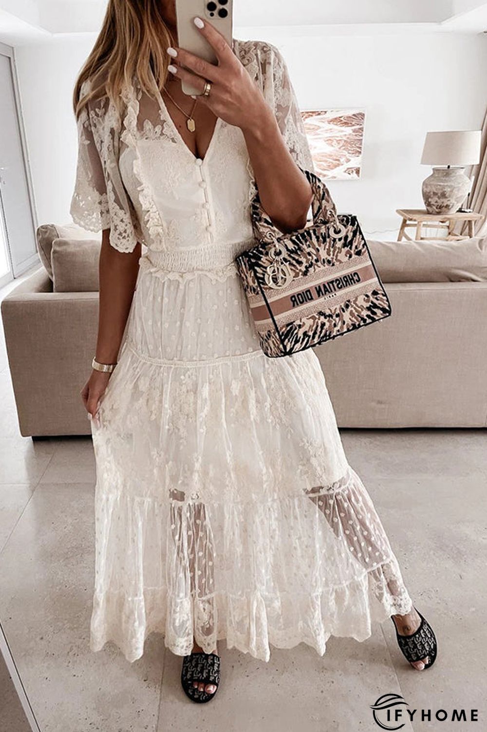 Button Lace V Neck Short Sleeve Maxi Dress | IFYHOME