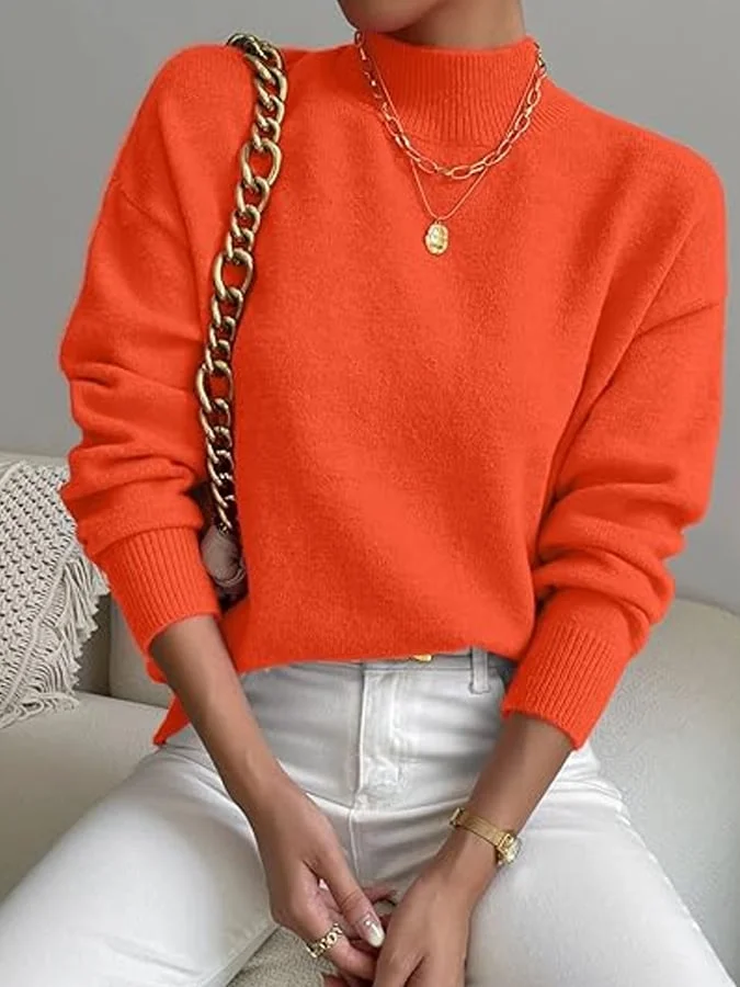 Women'S Autumn Half Turtleneck Pullover Solid Color Loose Sweater