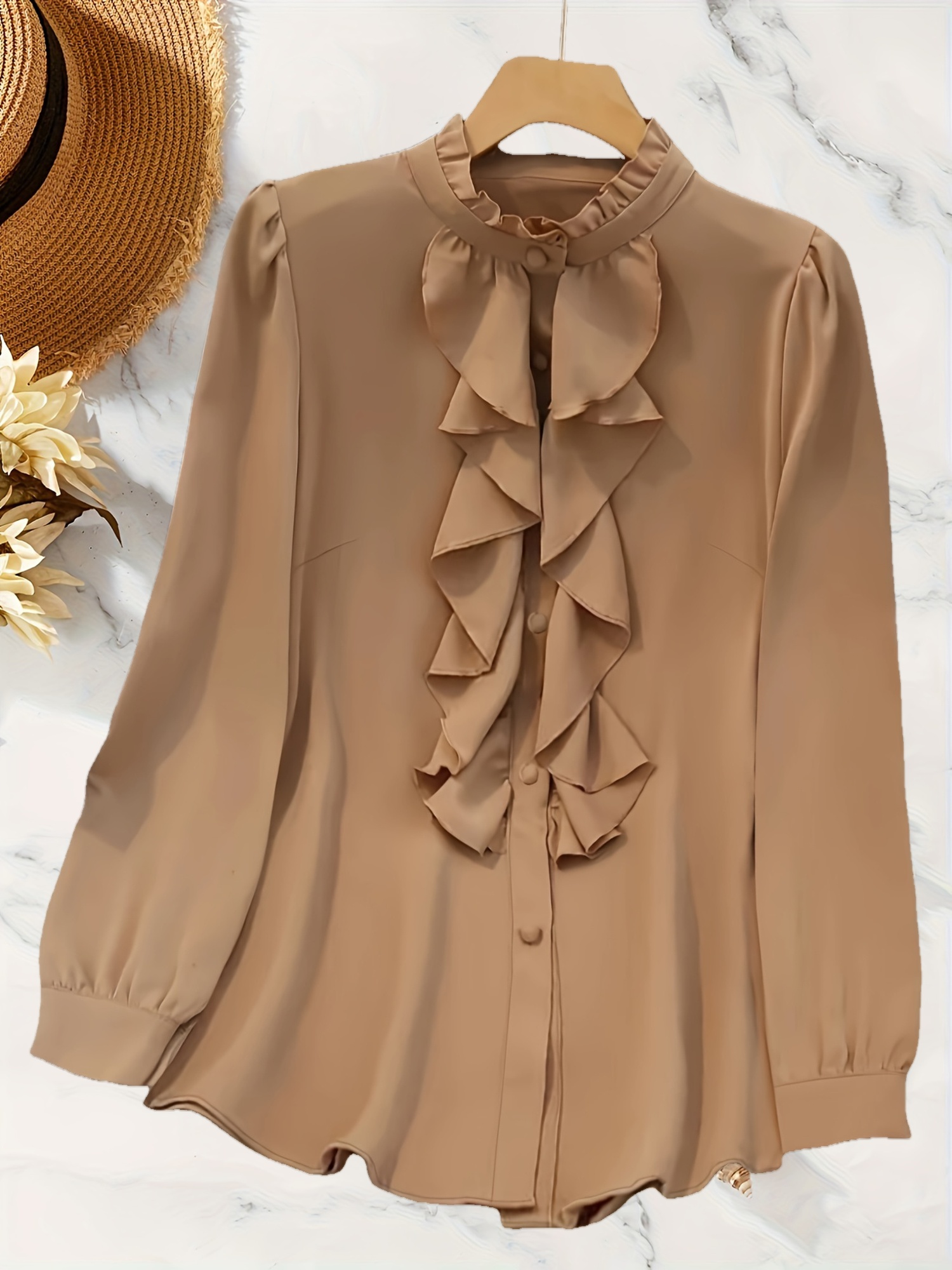 Plus Size Women's Elegant White Ruffled Blouse - Stand Collar Long Sleeve Non-Stretch Machine Washable Shirt For Spring/Summer Casual & Formal Wear, Everyday Comfort Apparel, Flowing Fabric Design | IFYHOME