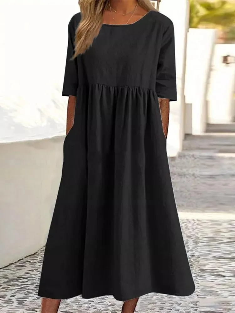 Brownm Brownm Cotton-Sleeved Short-Sleeved Pocket Folded Loose Round-Neck Dress In Summer 2025