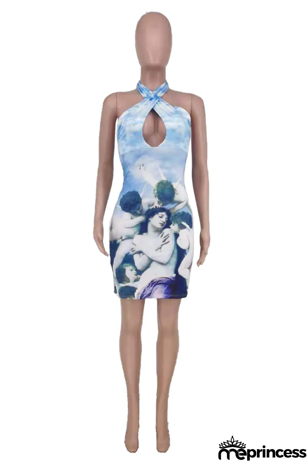 Sky Blue Fashion Sexy Print Backless Halter Sleeveless Dress