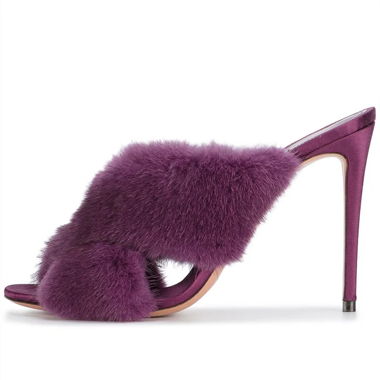 Purple Faux Fur Heels Peep Toe Trending Furry Mules for Women |FSJ Shoes