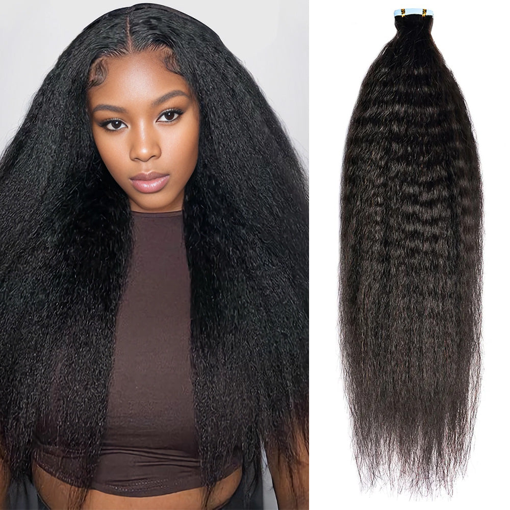 #1B Kinky Straight Tape in Hair Extensions 20pcs 50g/pack Seamless Skin Weft Hair | 100% Human Hair | BORUIHAIR