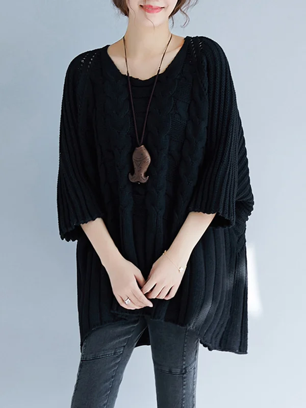 Vintage Loose Solid Color Round-Neck Batwing Half Sleeves Knitting Sweater