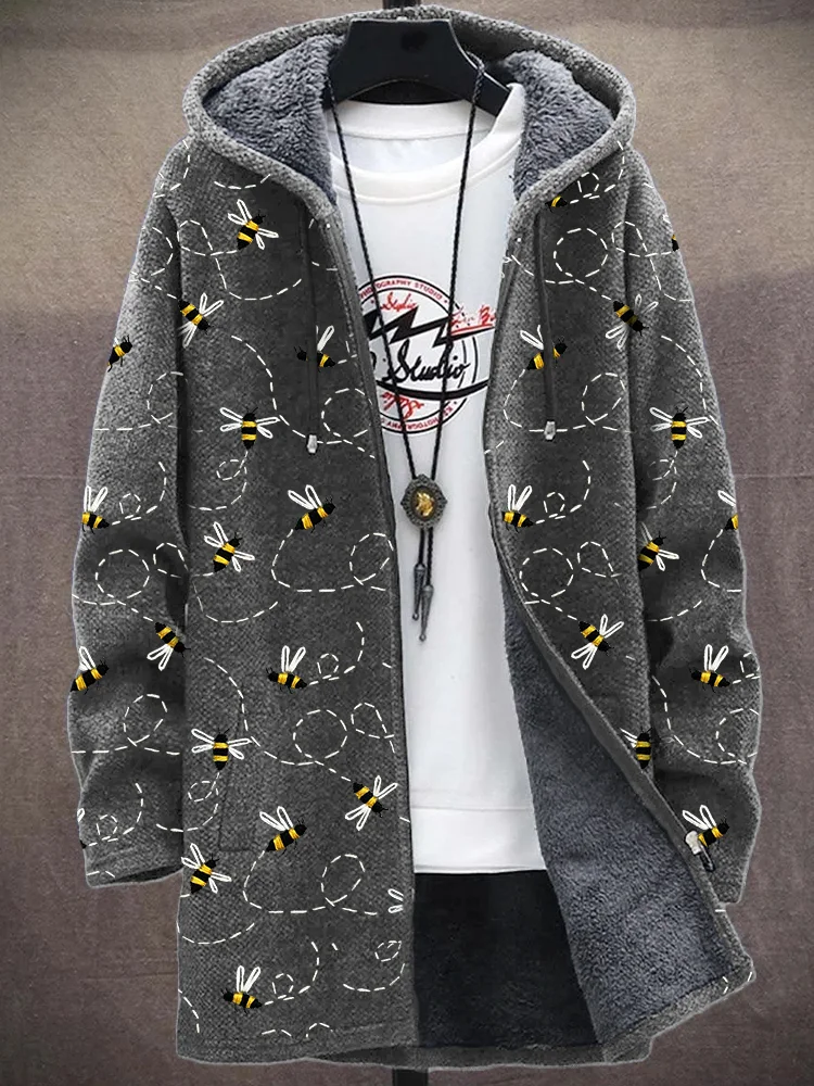 Men's Flying Bees Embroidered Cozy Plush Hooded Coat