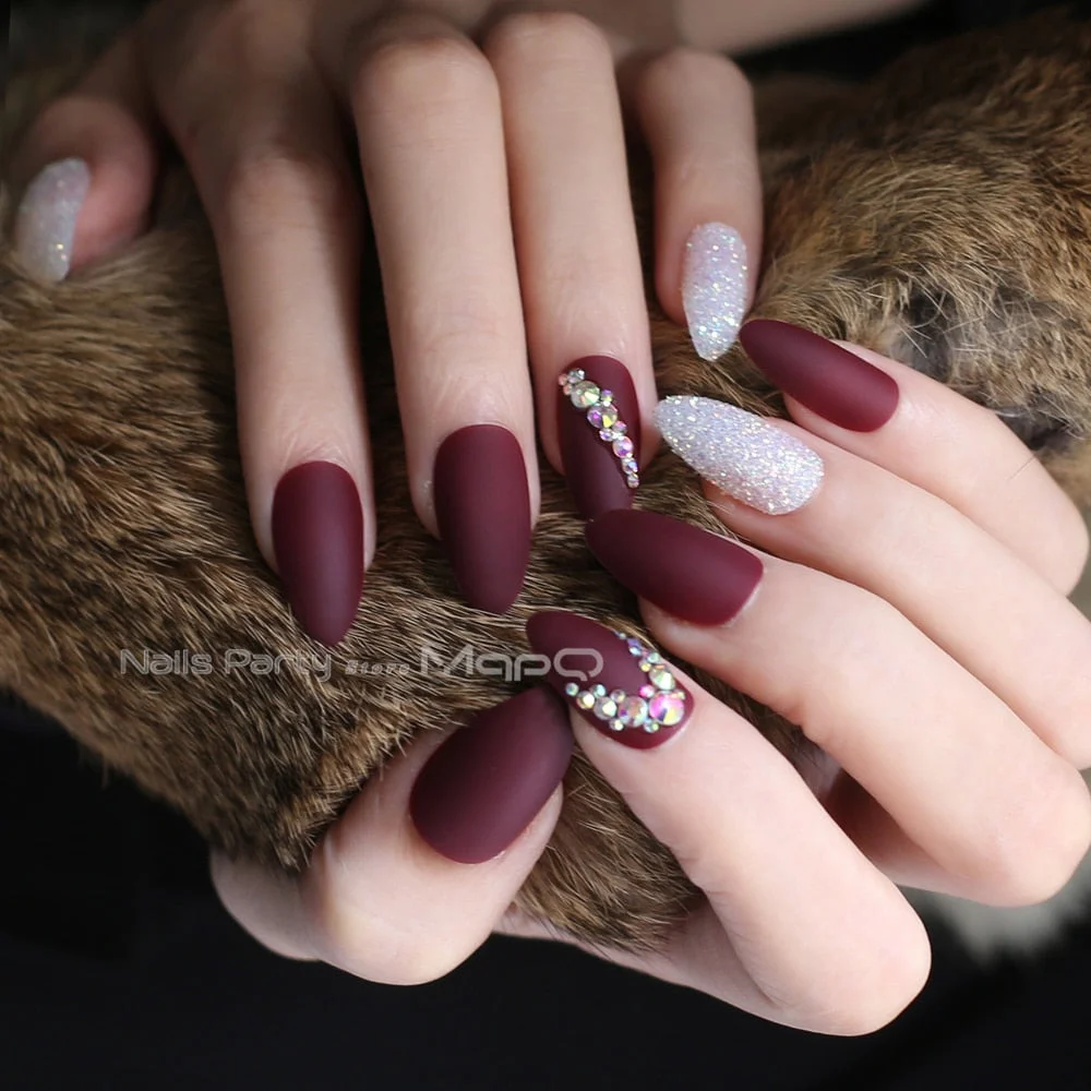 Matte glitter art nails box Match press on nails Burgundy AB rhinestone fasle nails stiletto Custom nails white blue pink-Nail Inspo