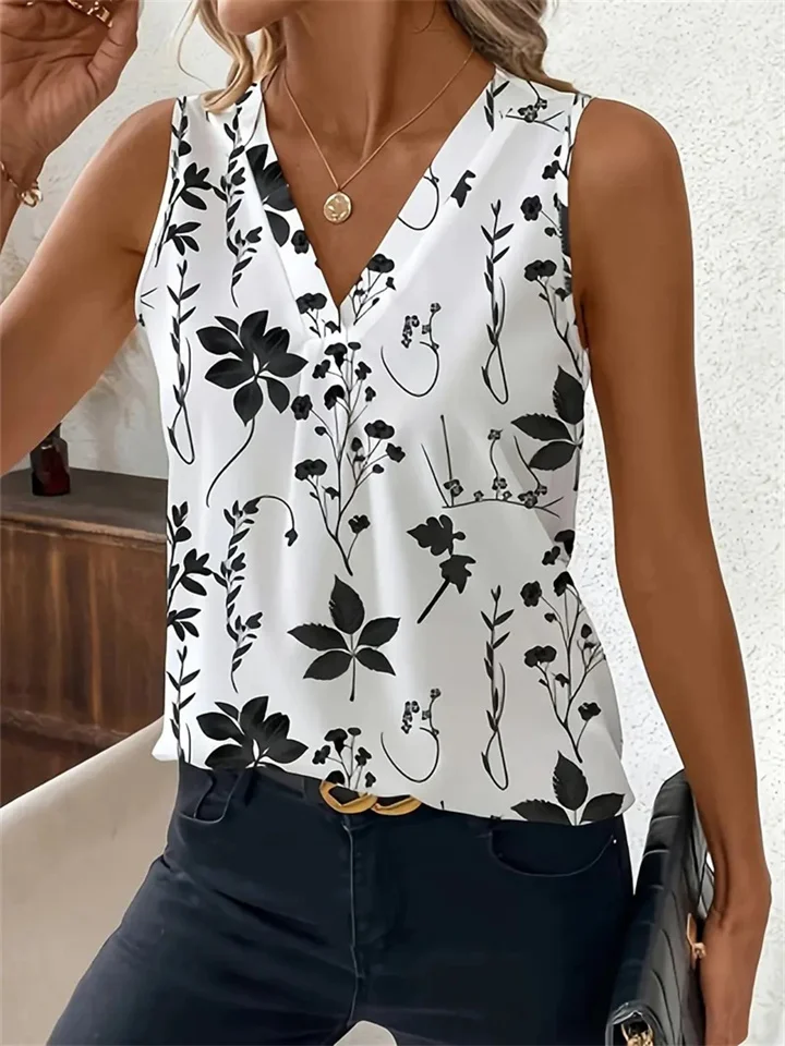 Spring and Summer New Loose Type Women's Floral Print Pile Collar Fashion Lace Lace Sleeveless Personality Wind Undershirt-JRSEE