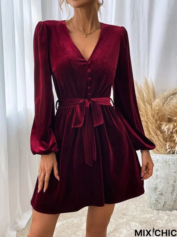 V-neck Waist A-line Skirt Long-Sleeved Velvet Sexy Banquet Dress