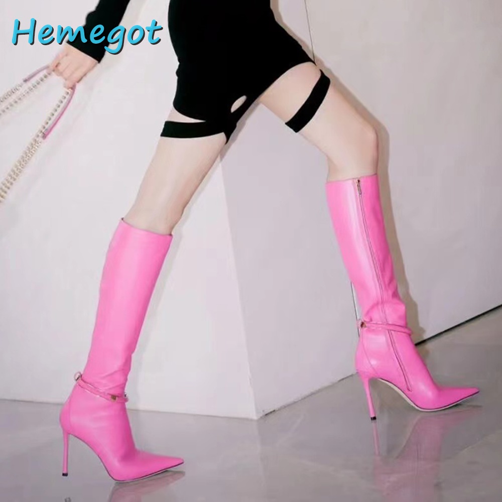 Pointed Toe Ankle Strap Buckle Knee High Boots Stiletto Heel Side Zipper Women Long Boots Pink Solid