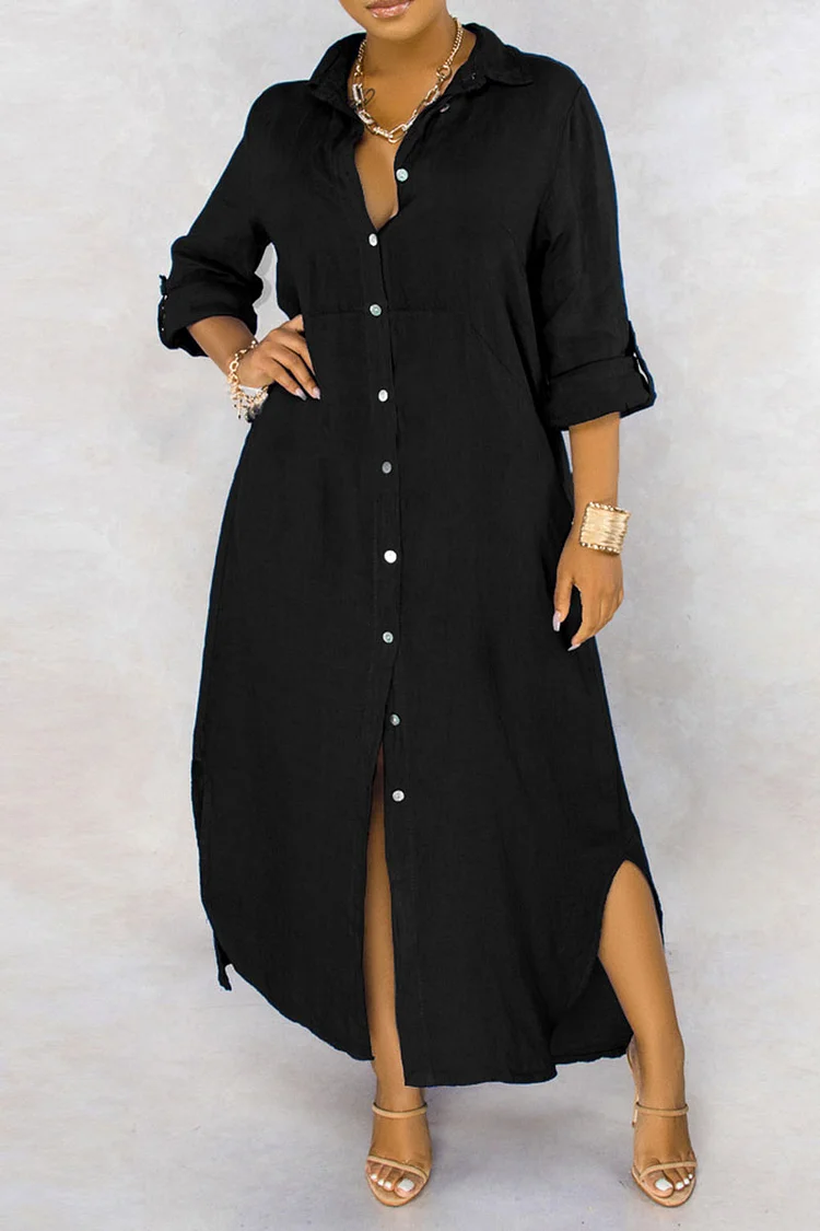 Curved Hem Turndown Collar Solid Color Loose-Fit Maxi Shirt Dresses