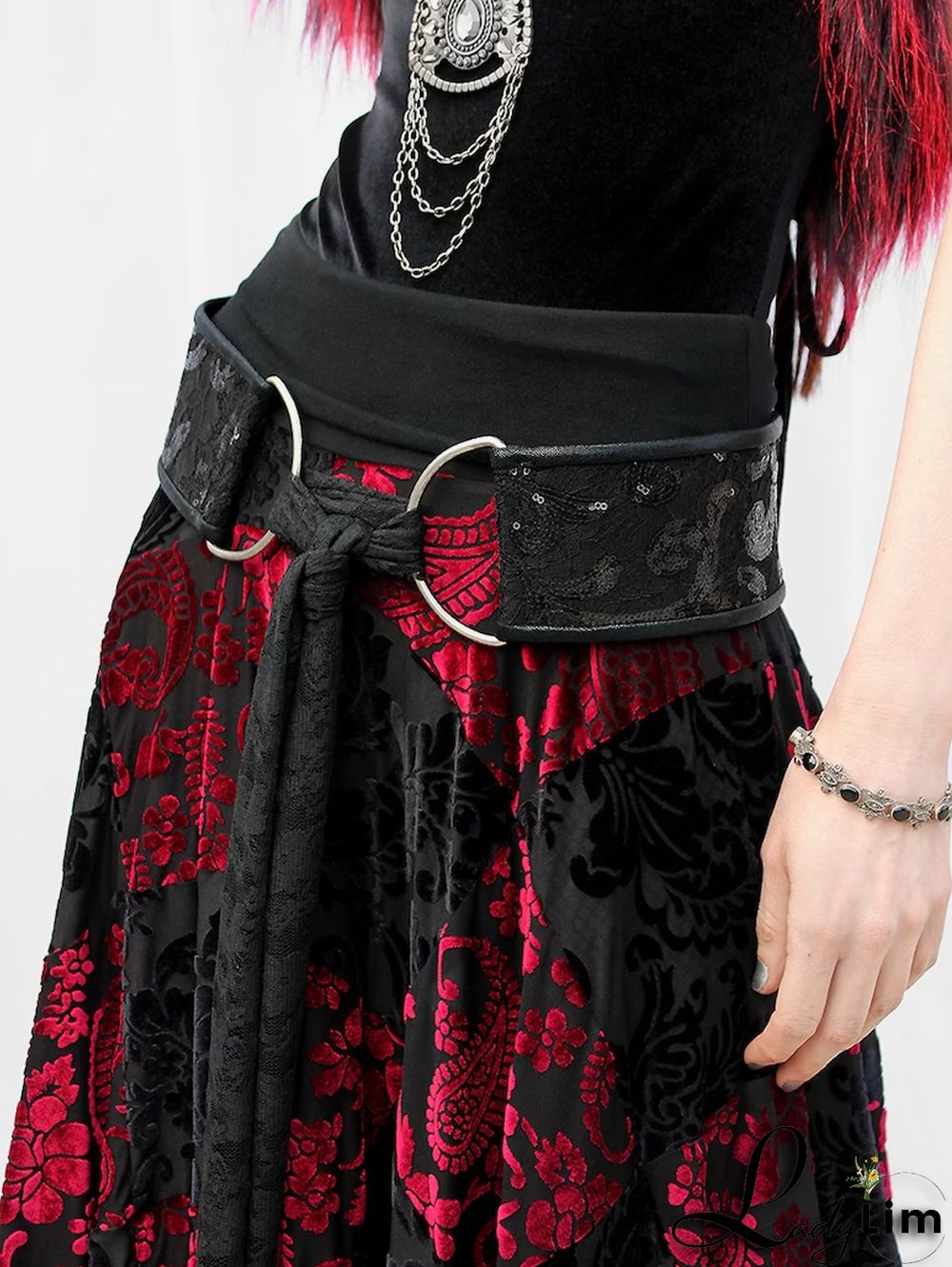 Fashion Colorblock Lace Buckle Belt Asymmetric Hem Velvet Midi Skirt
