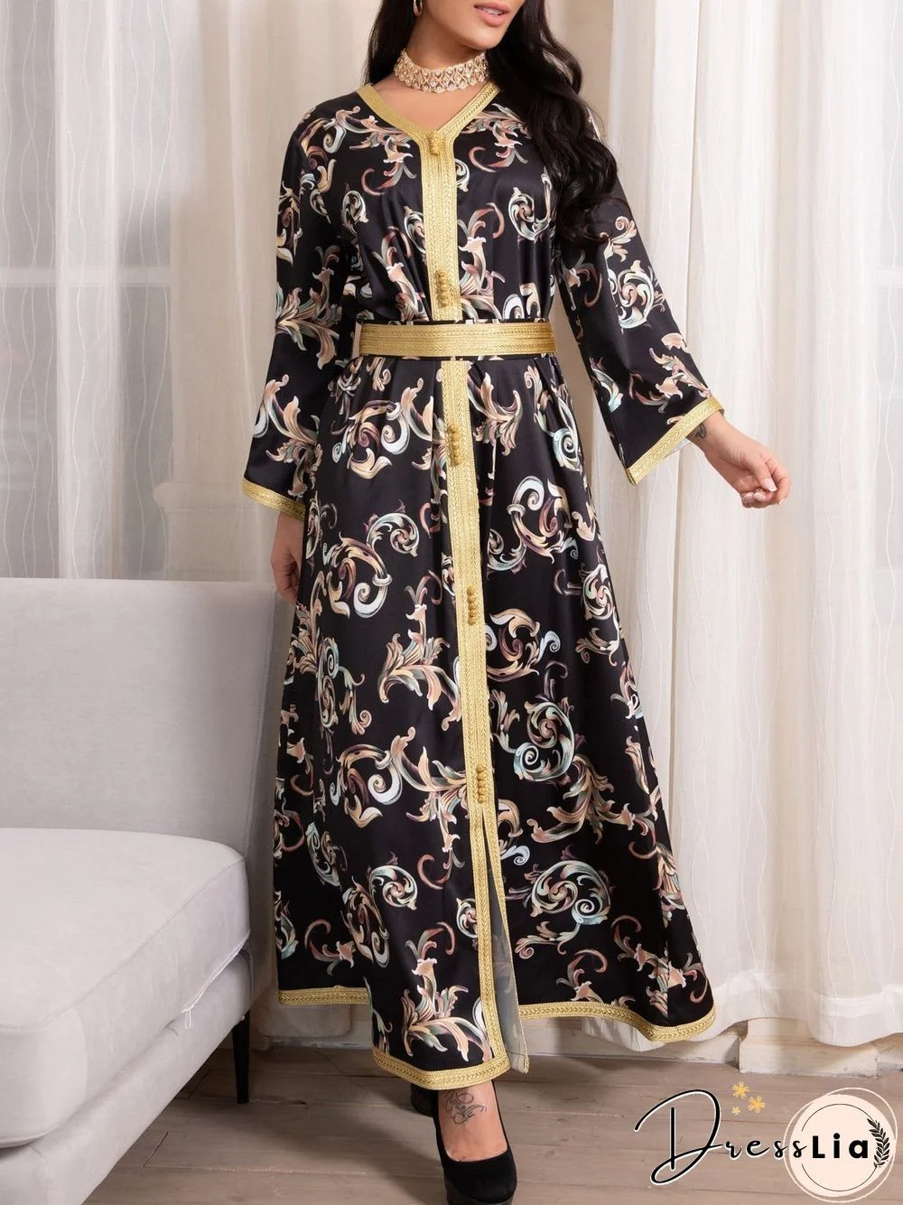 V Neck Long Sleeve Gold Belt Decorated Dress