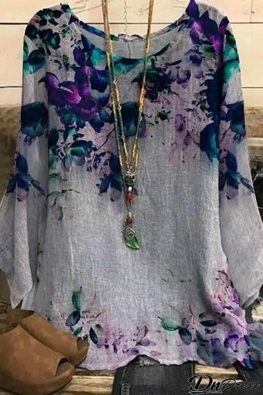 Floral Print Round Neck Casual 3/4 Sleeves Blouse