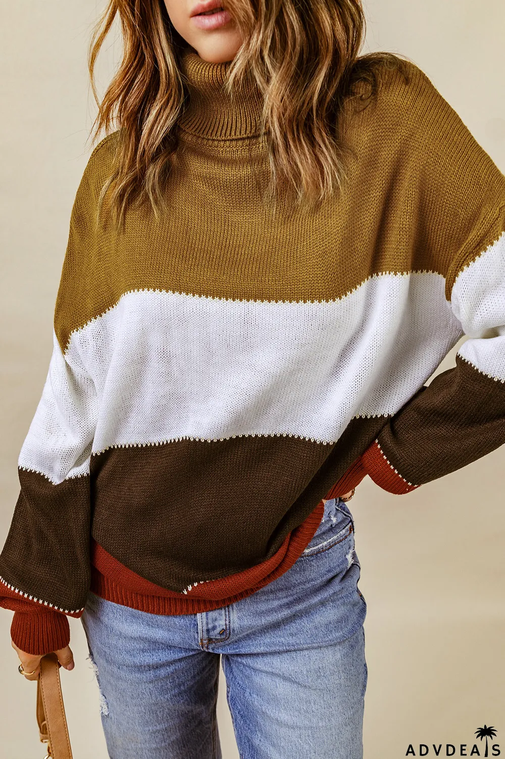Orange Accent Color Block Turtleneck Chunky Knit Sweater