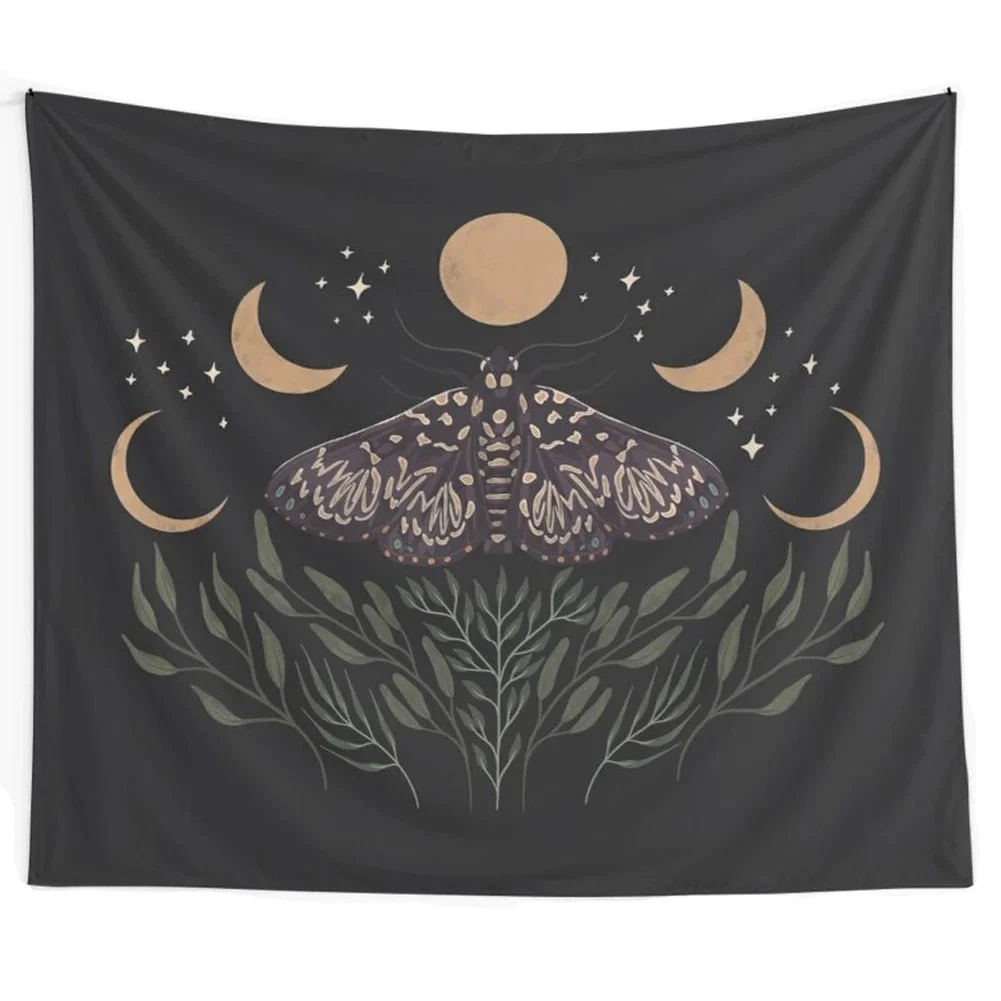 Butterfly Moon Phase Tapestry Wall Hanging Bohemian Gypsy Psychedelic Tapiz Black Sun Witchcraft Divination Tapestry Decor