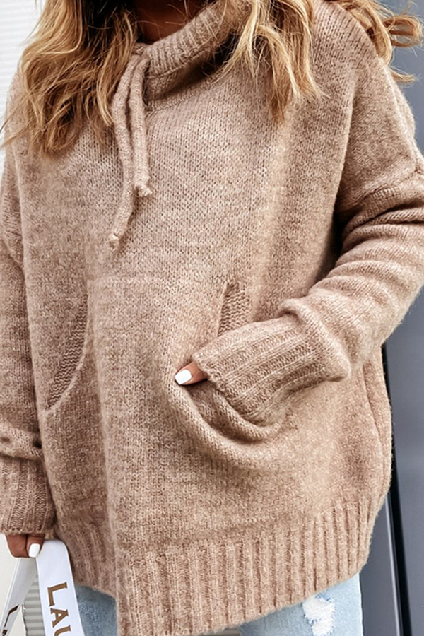 Casual Solid Draw String Pocket Hooded Collar Tops(8 Colors)