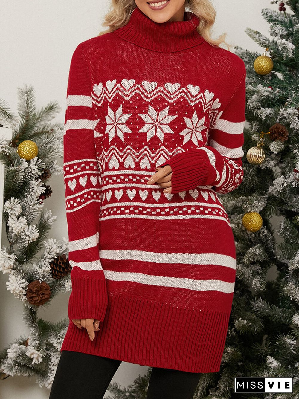 Christmas Snowflake Pattern Turtleneck Long Sleeve Knit Sweater