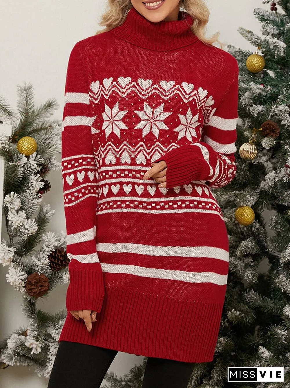 Christmas Snowflake Pattern Turtleneck Long Sleeve Knit Sweater