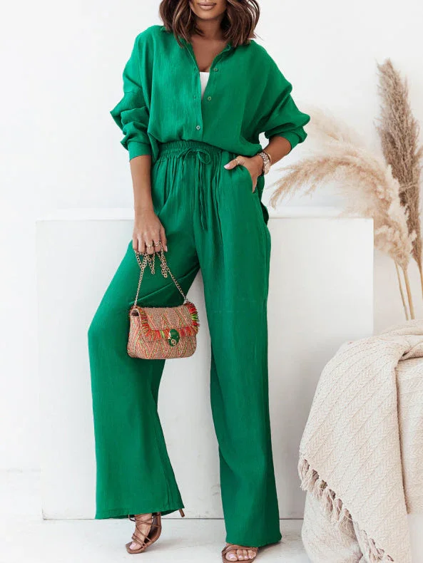 Draw String Button Up Long Sleeve Jumpsuit