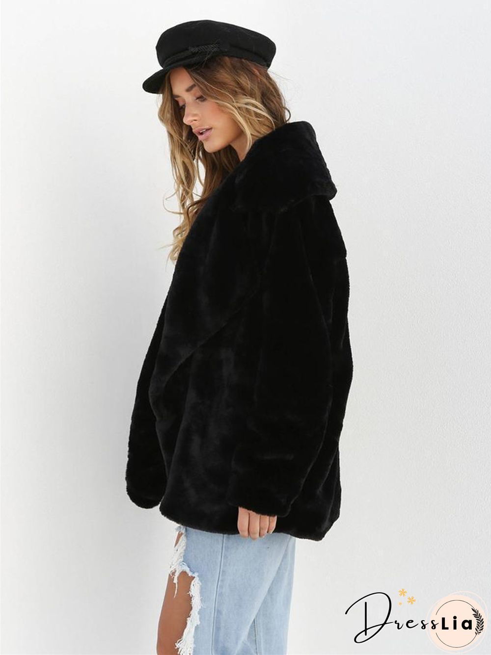 Fashion Solid Color Sexy Plush Lapel Coat