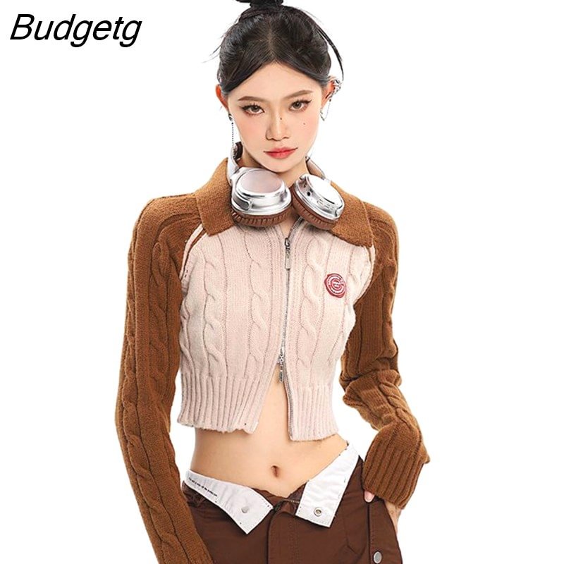 Budgetg Short Sweater Women Autumn Knitted Sweater Coat Zip Up Cardigans Retro Harajuku Kawaii Jumpers Crop Top