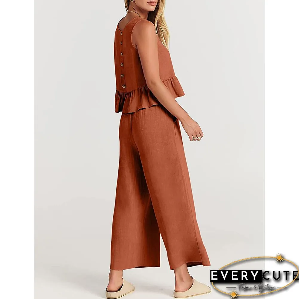 Orange Sleeveless Pleated Tank and Wide Leg Pants set