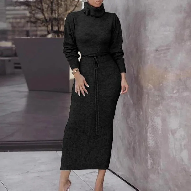 2 Piece Outfit Solid Color Knitted Turtleneck Sweater Maxi Dress